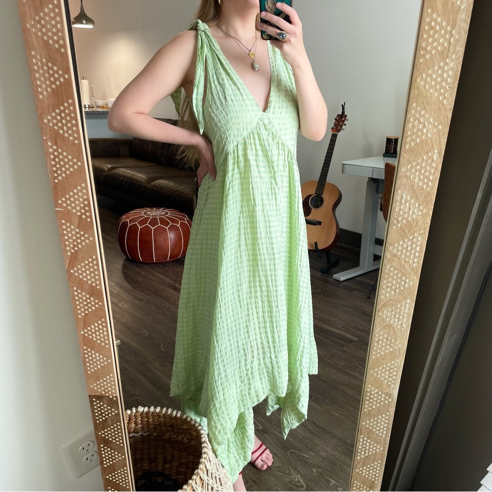 Free People Gingham Green Midi Dress w/ Bows